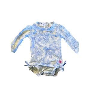 RUFFLEBUTTS one piece rashguard swim - 6-12 months Perwinkle Butterfly Garden